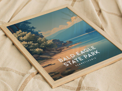Bald Eagle State Park, Pennsylvania Poster | Eagle Soaring Over Mountain Lake Wall Art — styled in a modern interior