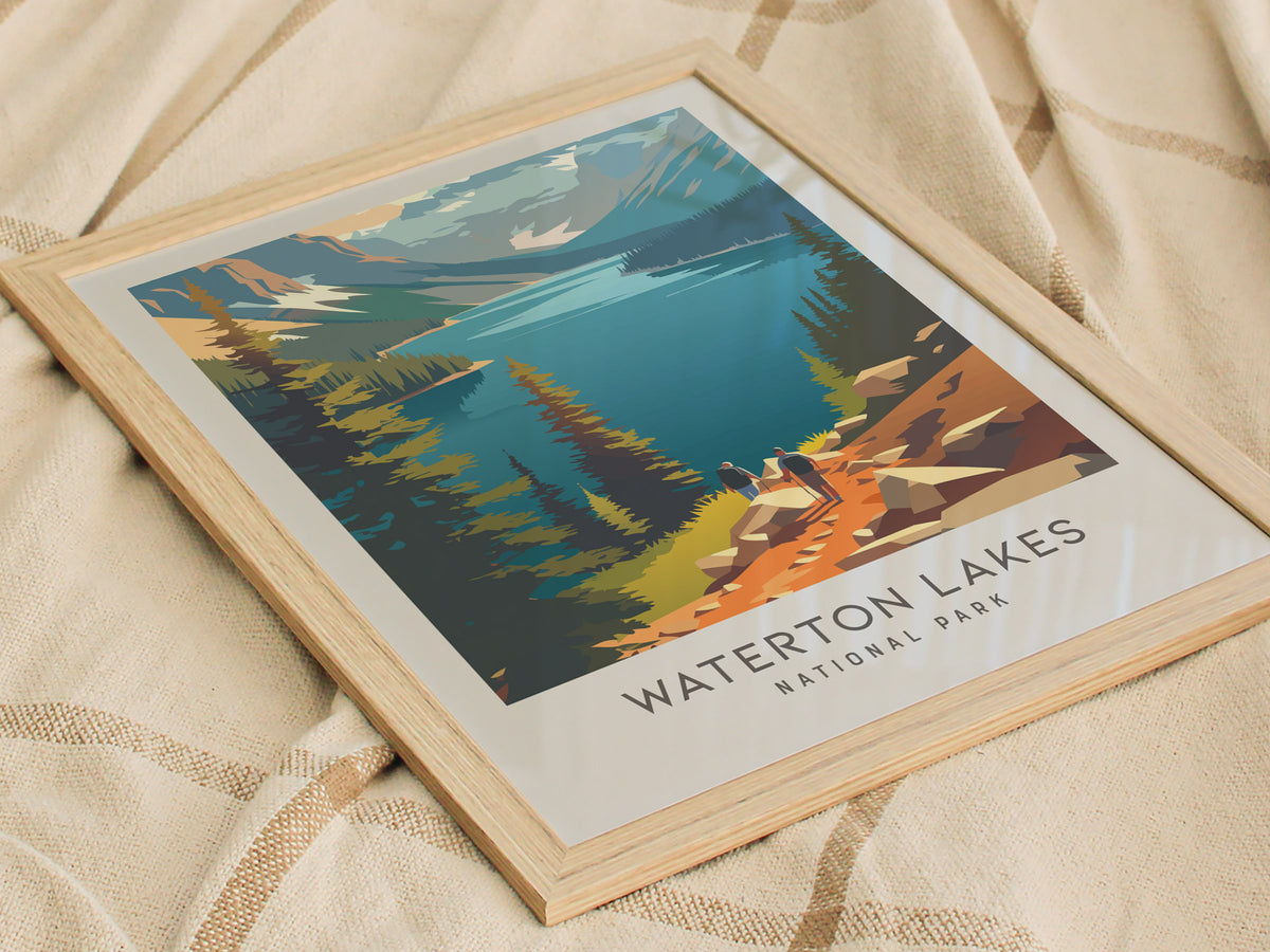 Waterton Lakes Matte Border Poster | National Park Travel Wall Art — styled in a modern interior