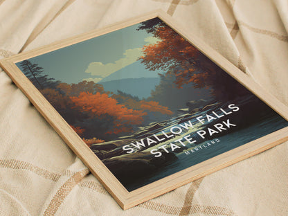 Swallow Falls State Park, Maryland Poster | Waterfall Forest Destination Print Wall Art — styled in a modern interior