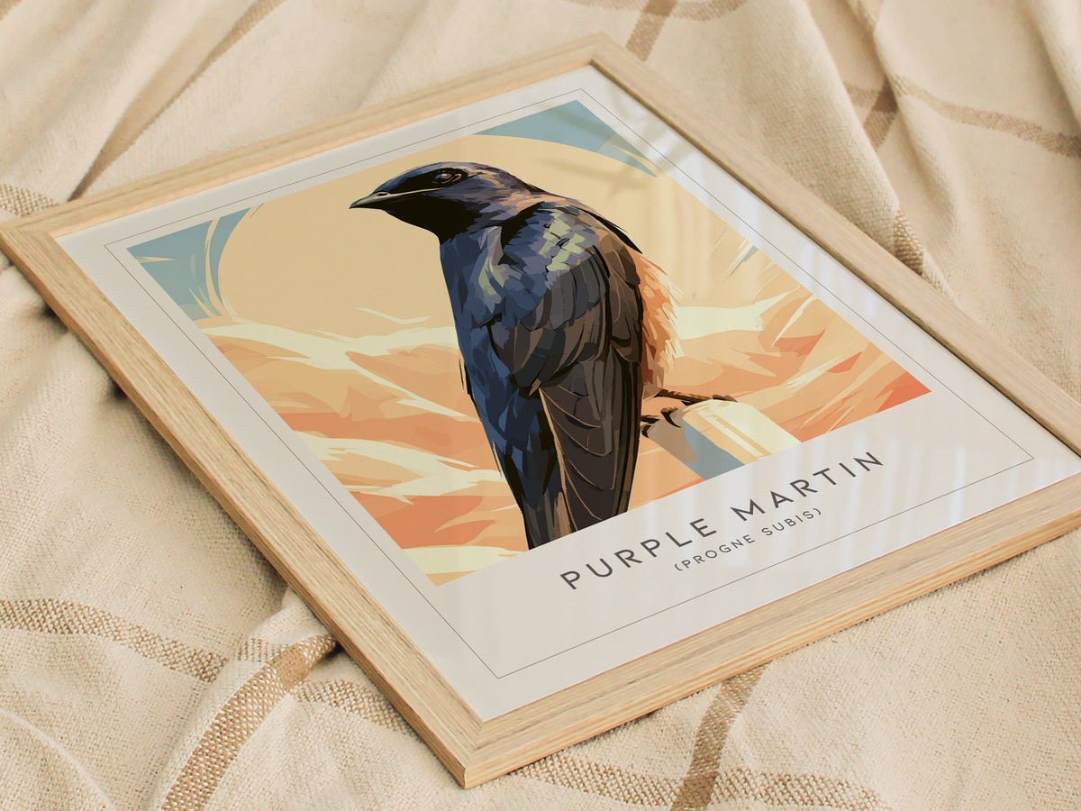 Purple Martin Poster | Graceful Songbird in Golden Light Wall Art — styled in a modern interior