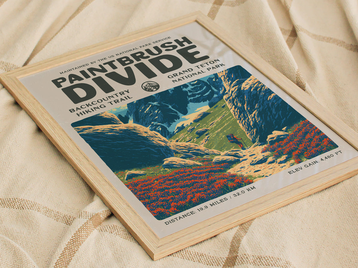 Paintbrush Divide, Grand Teton National Park Poster | Hiker Gift | Backcountry Trail Wall Art — styled in a modern interior