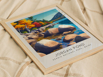 Jordan Pond Matte Border Poster | Acadia National Park, Maine Destination Print — styled in a modern interior