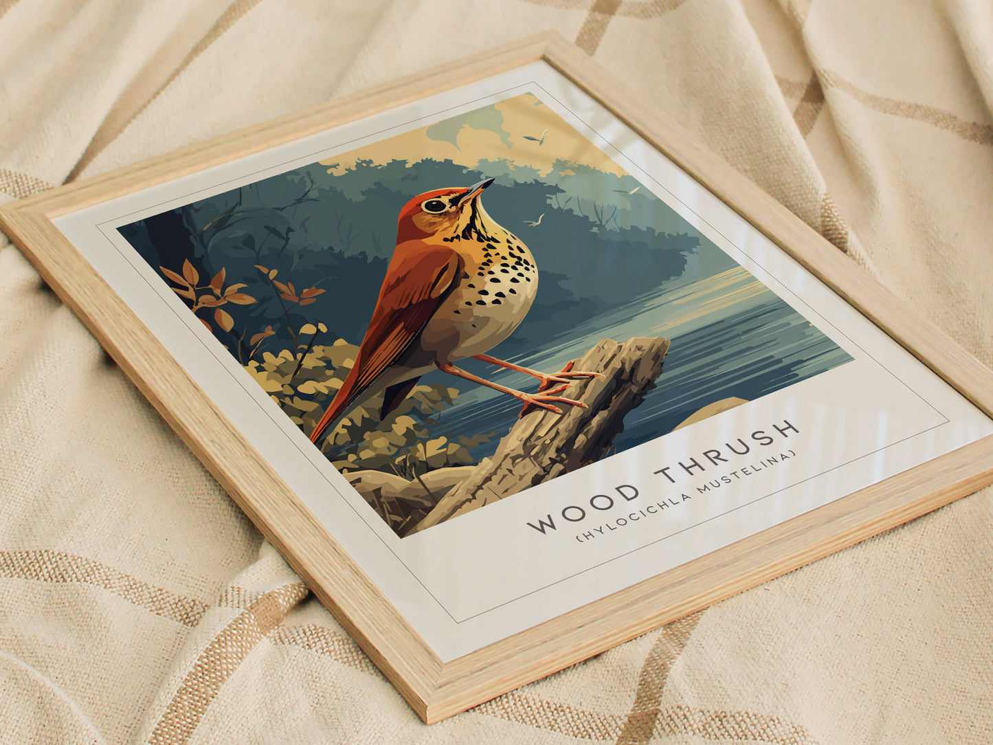 Wood Thrush Poster | Forest Songbird Nature Illustration Wall Art — styled in a modern interior