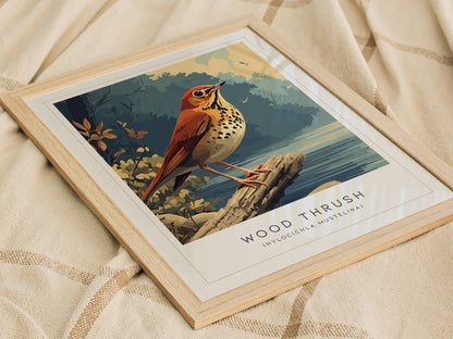 Wood Thrush Poster | Forest Songbird Nature Illustration Wall Art — styled in a modern interior