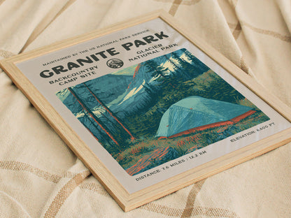 Granite Park, Glacier National Park Poster | Hiker Gift | Backcountry Trail Wall Art — styled in a modern interior