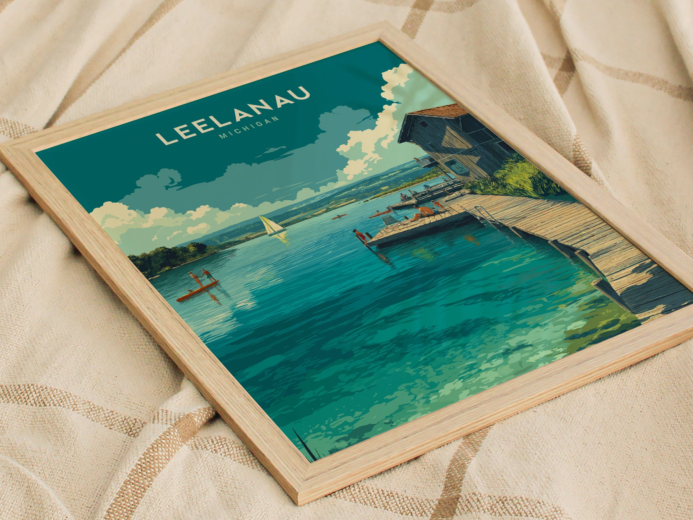 Leelanau Michigan Lake Poster | Rustic Dock Sailboat Wall Art