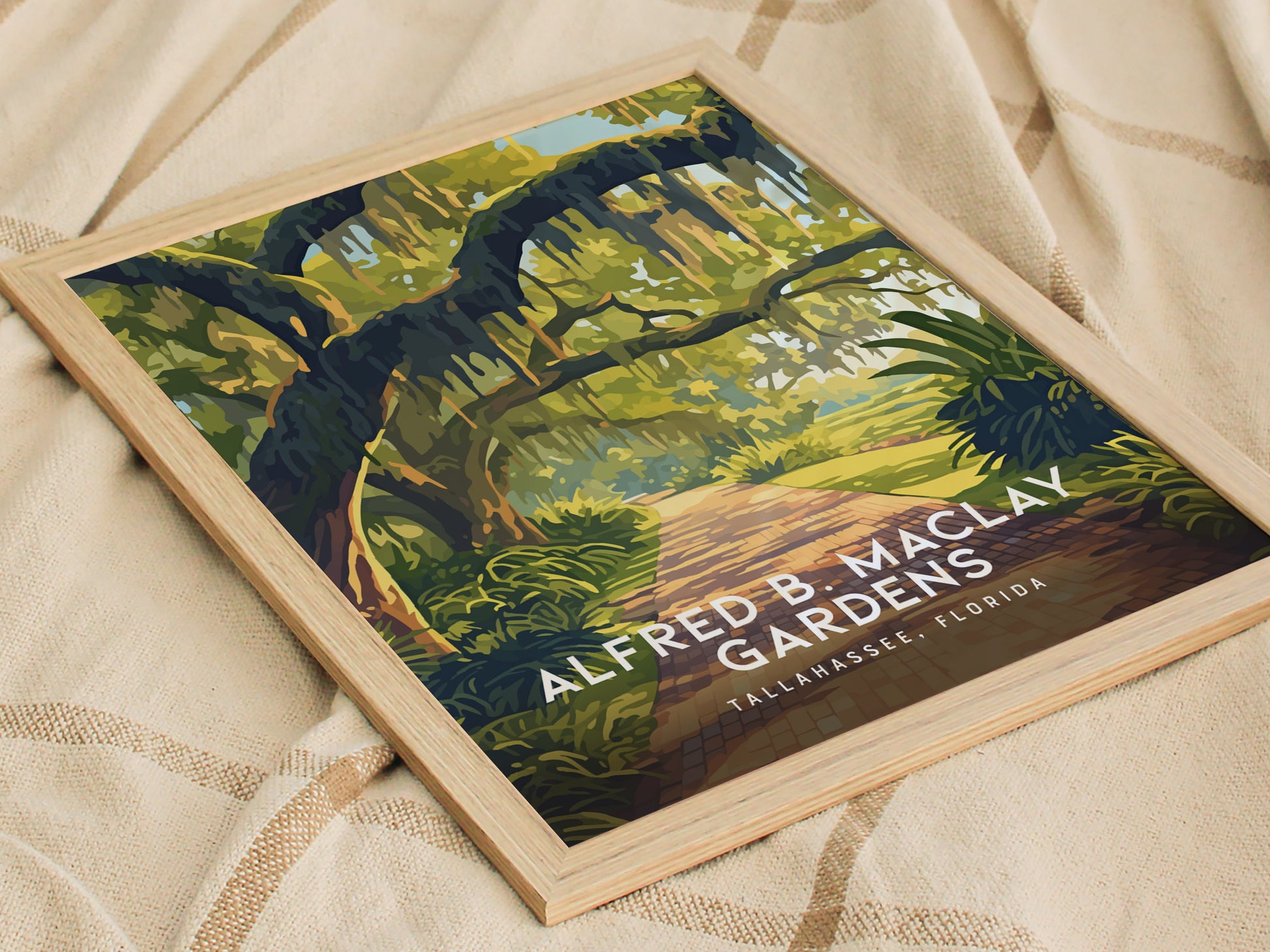 A framed poster of Alfred B. Maclay Gardens, showcasing moss-draped live oak trees and a brick path, lies on a textured beige fabric. The text reads Tallahassee, Florida.