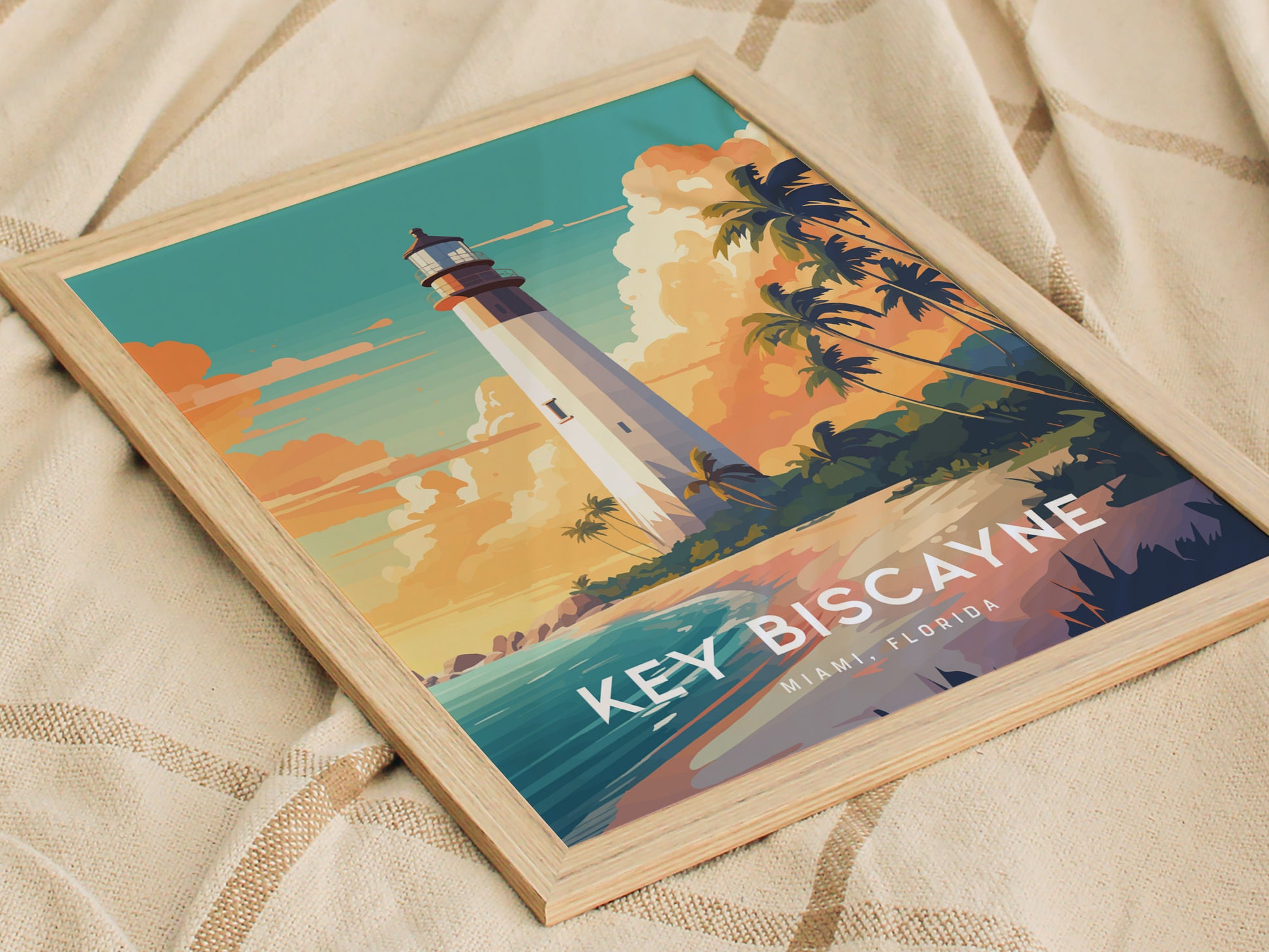 Framed poster featuring the Key Biscayne Lighthouse with vibrant sunset colors, palm trees, and ocean waves. The text Key Biscayne, Miami Florida is visible on the artwork.