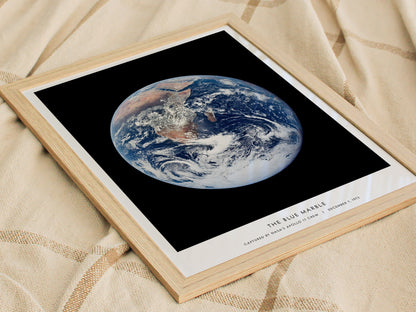 Close up of Blue Marble NASA poster laying flat