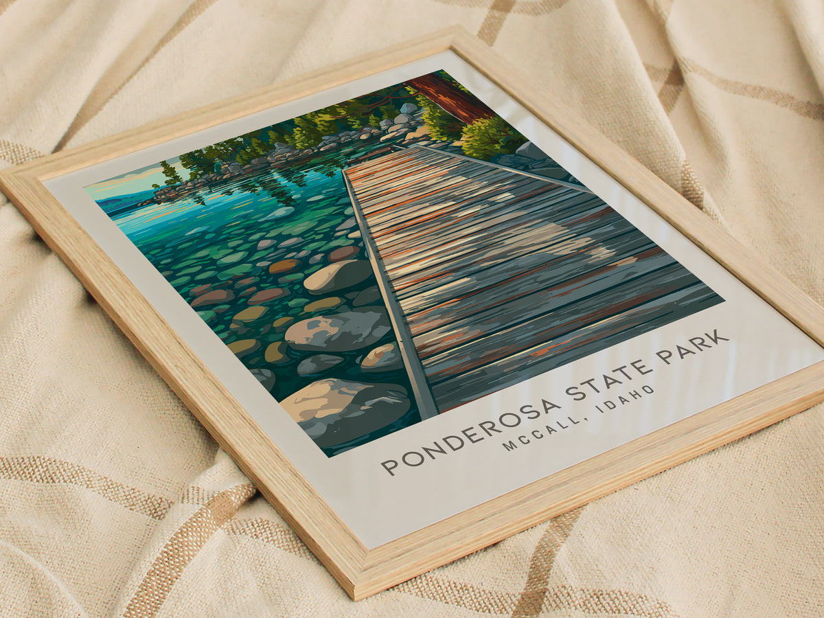 Ponderosa State Park Matte Border Poster | Mccall, Idaho Destination Print Travel Wall Art — styled in a modern interior