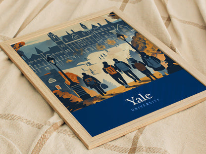 A framed poster depicting Yale University in a minimal vector style shows students walking towards iconic Gothic architecture, set against a backdrop of autumnal colors.