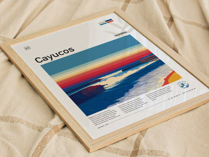 Cayucos, California Poster | Sun-Soaked Surf Town Coastal Wall Art — styled in a modern interior