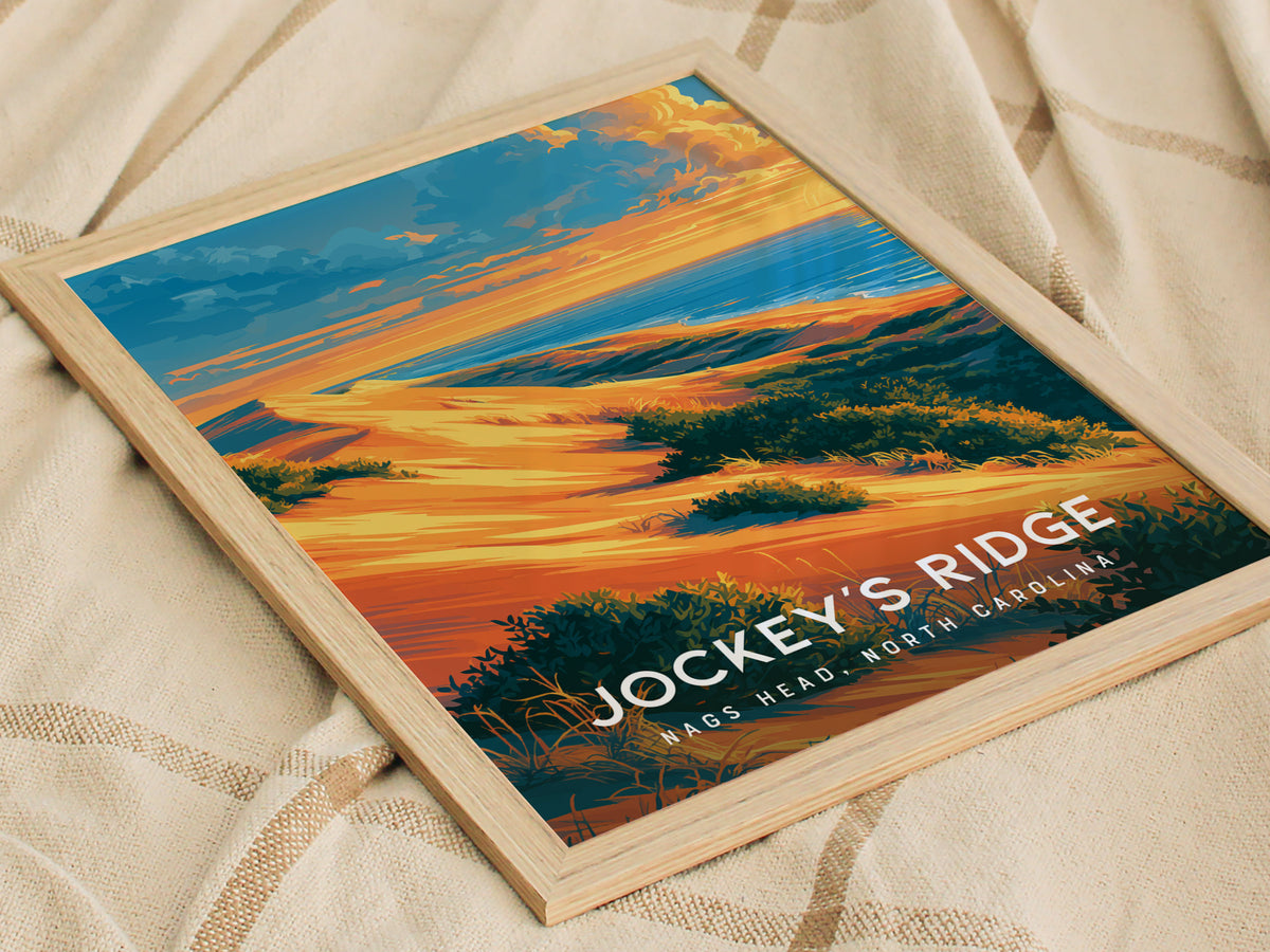 Jockey's Ridge, Nags Head, North Carolina Poster | Sand Dunes & Sunset Travel Wall Art — styled in a modern interior