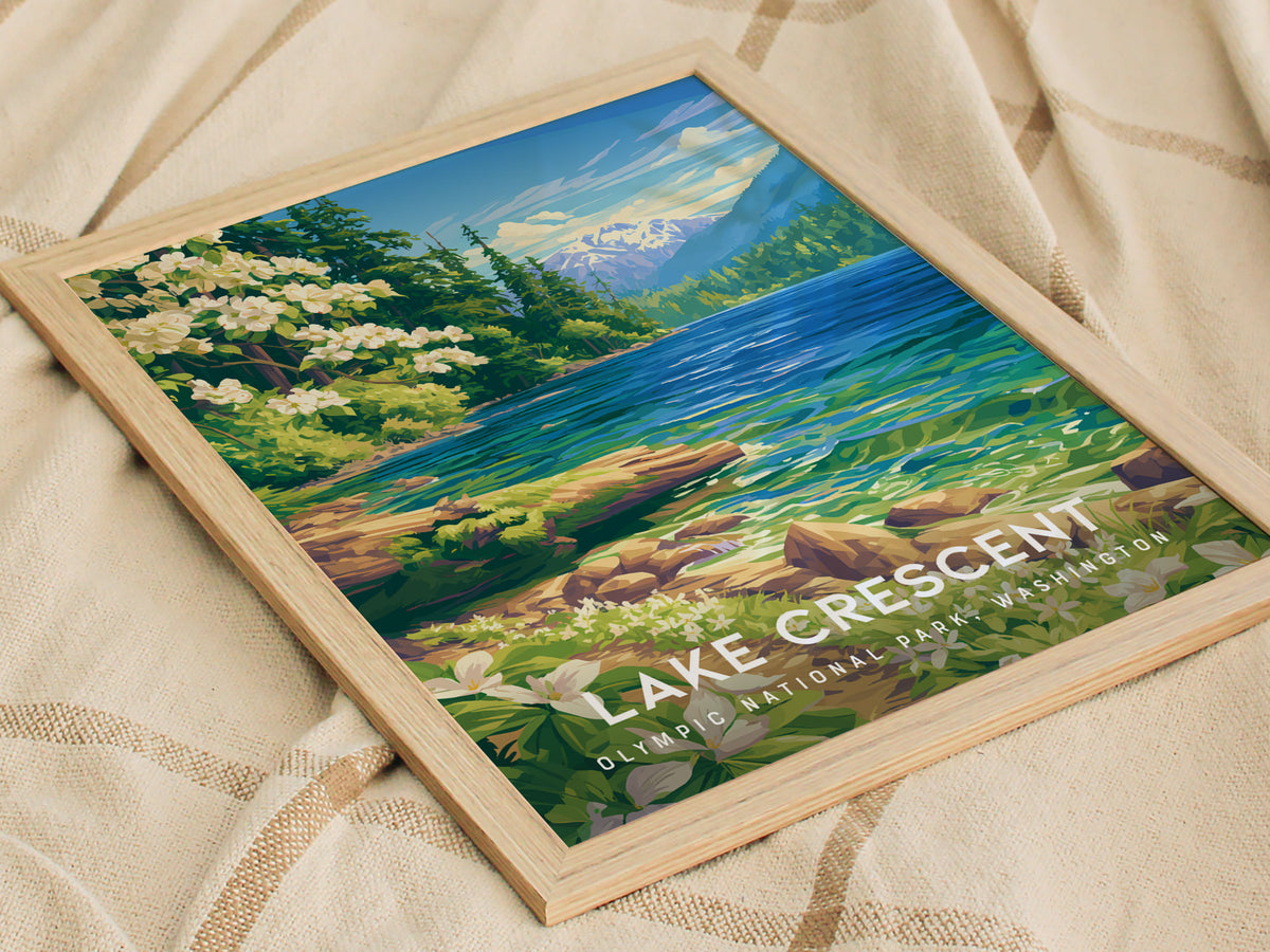 Lake Crescent, Olympic National Park, Washington Poster | Misty Mountain Wilderness Travel Wall Art — styled in a modern inte