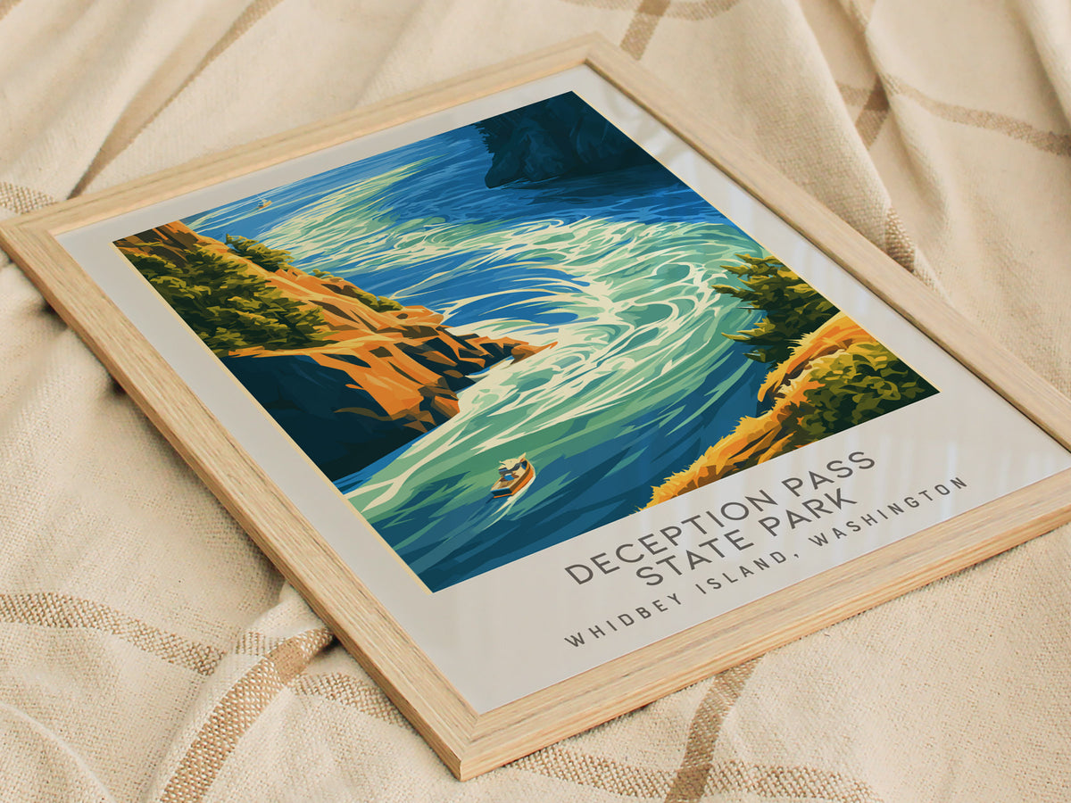 Deception Pass State Park Matte Border Poster | Whidbey Island, Washington Coastal Beach Decor — styled in a modern interior