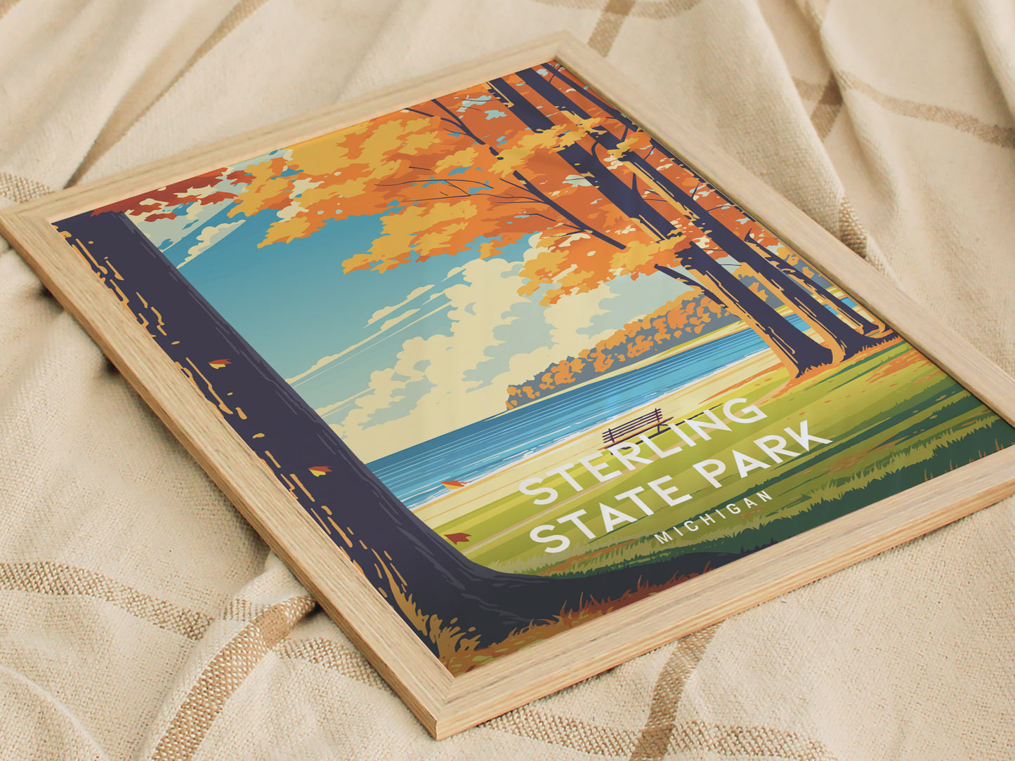 Sterling State Park, Michigan Poster | Lakeside Marshland & Sunset Wall Art — styled in a modern interior