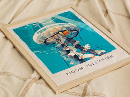 Moon Jellyfish Poster | Ethereal Ocean Drifters Wildlife Wall Art — styled in a modern interior