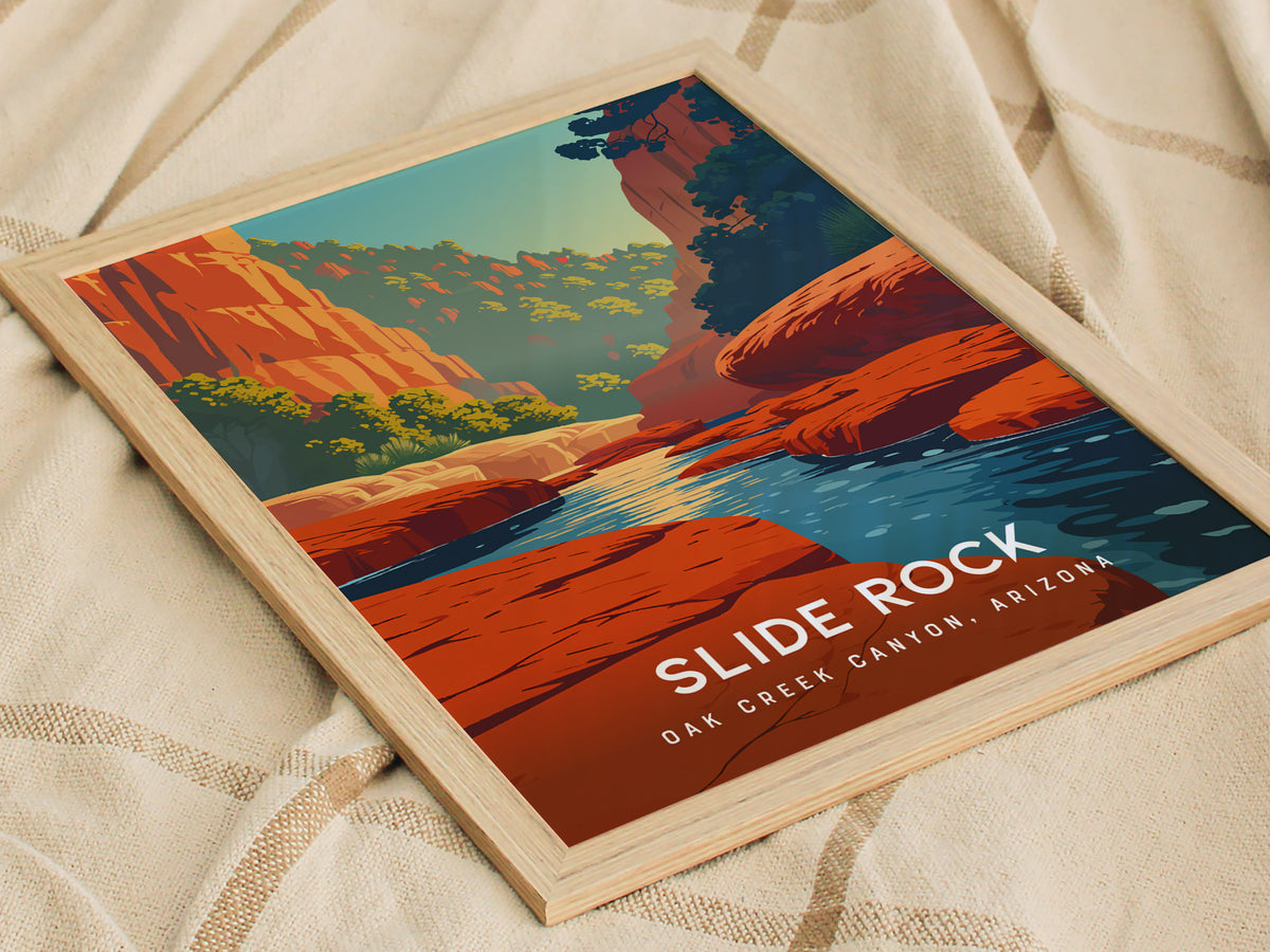Slide Rock, Oak Creek Canyon, Arizona Poster | Red Rock Swimming Hole Travel Wall Art — styled in a modern interior
