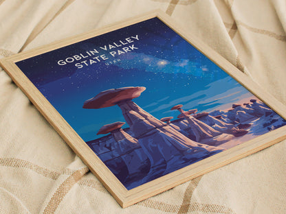 Goblin Valley State Park, Utah Poster | Desert Adventure Framed or Unframed Wall Art — styled in a modern interior