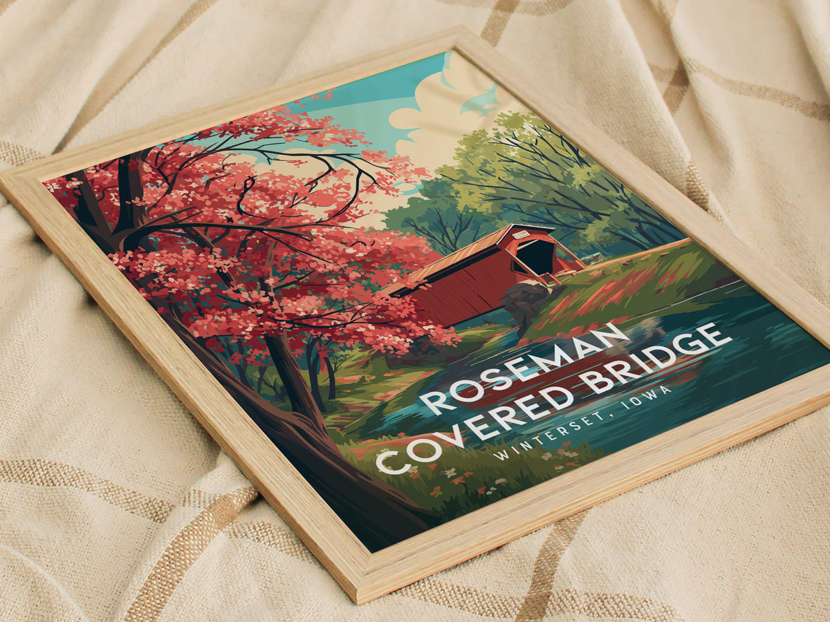 Roseman Covered Bridge, Winterset, Iowa Poster | Historic Charm Framed or Unframed Wall Art — styled in a modern interior