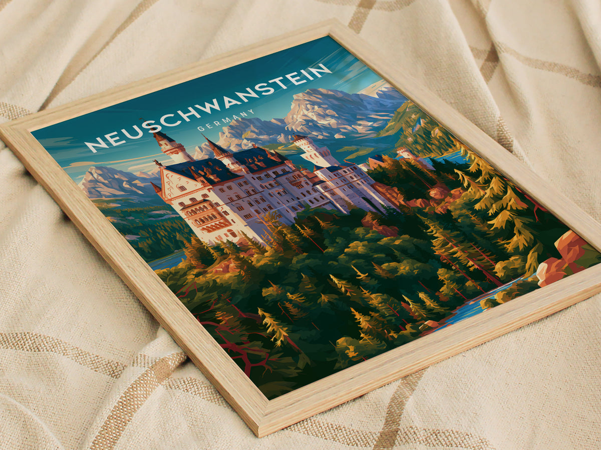 Neuschwanstein, Germany Poster | Fairytale Castle Bavarian Alps Wall Art — styled in a modern interior