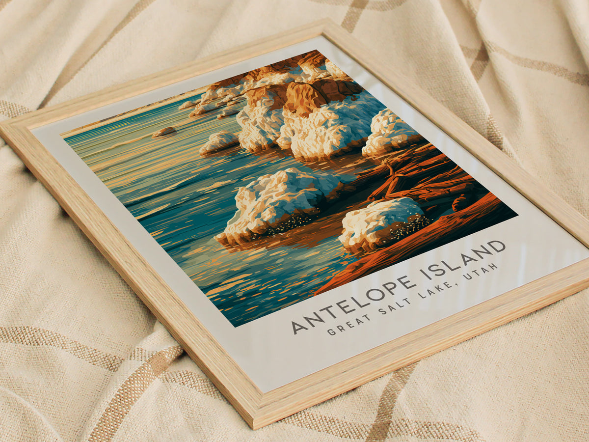 Antelope Island Matte Border Poster | Great Salt Lake, Utah Travel Wall Art — styled in a modern interior