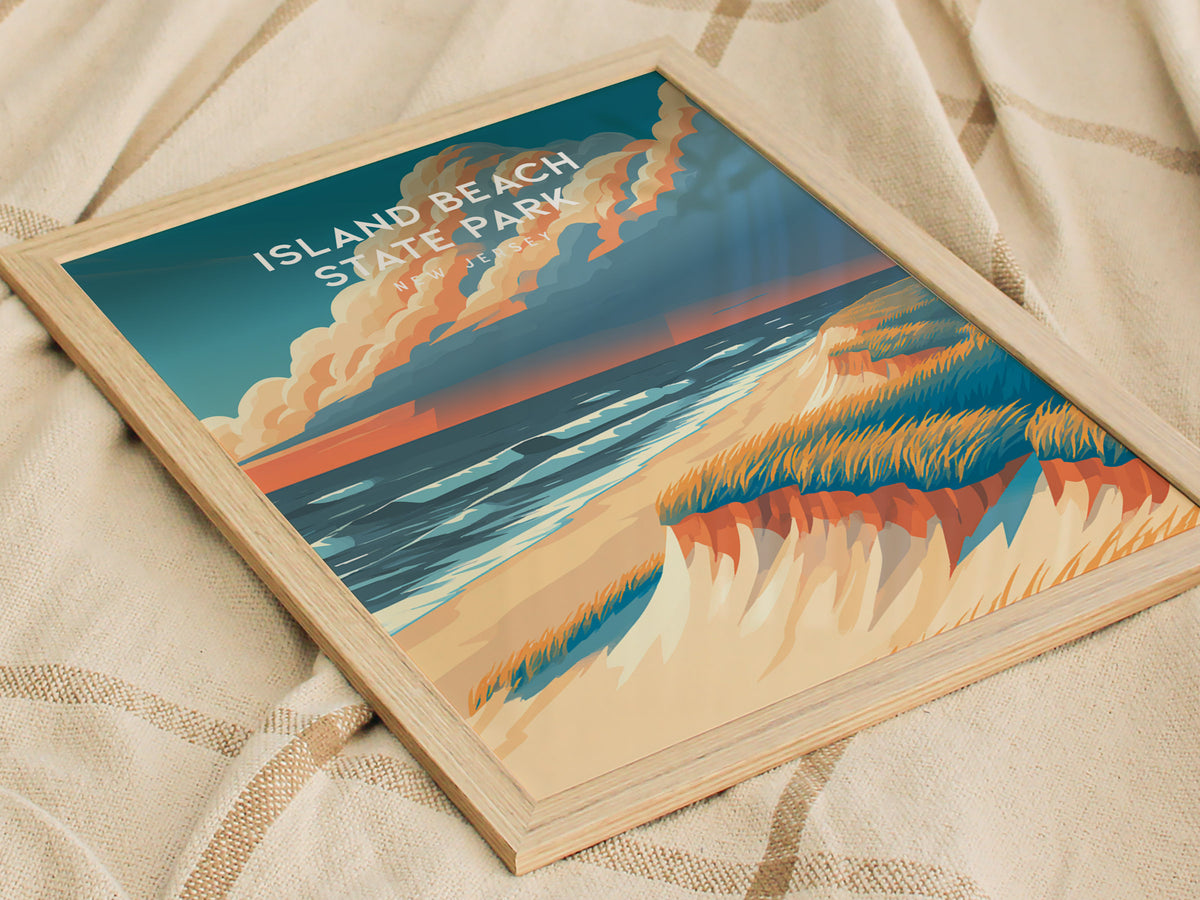 Island Beach State Park, New Jersey Poster | Destination Print Seaside Dunes Wall Art — styled in a modern interior