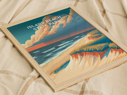Island Beach State Park, New Jersey Poster | Destination Print Seaside Dunes Wall Art — styled in a modern interior