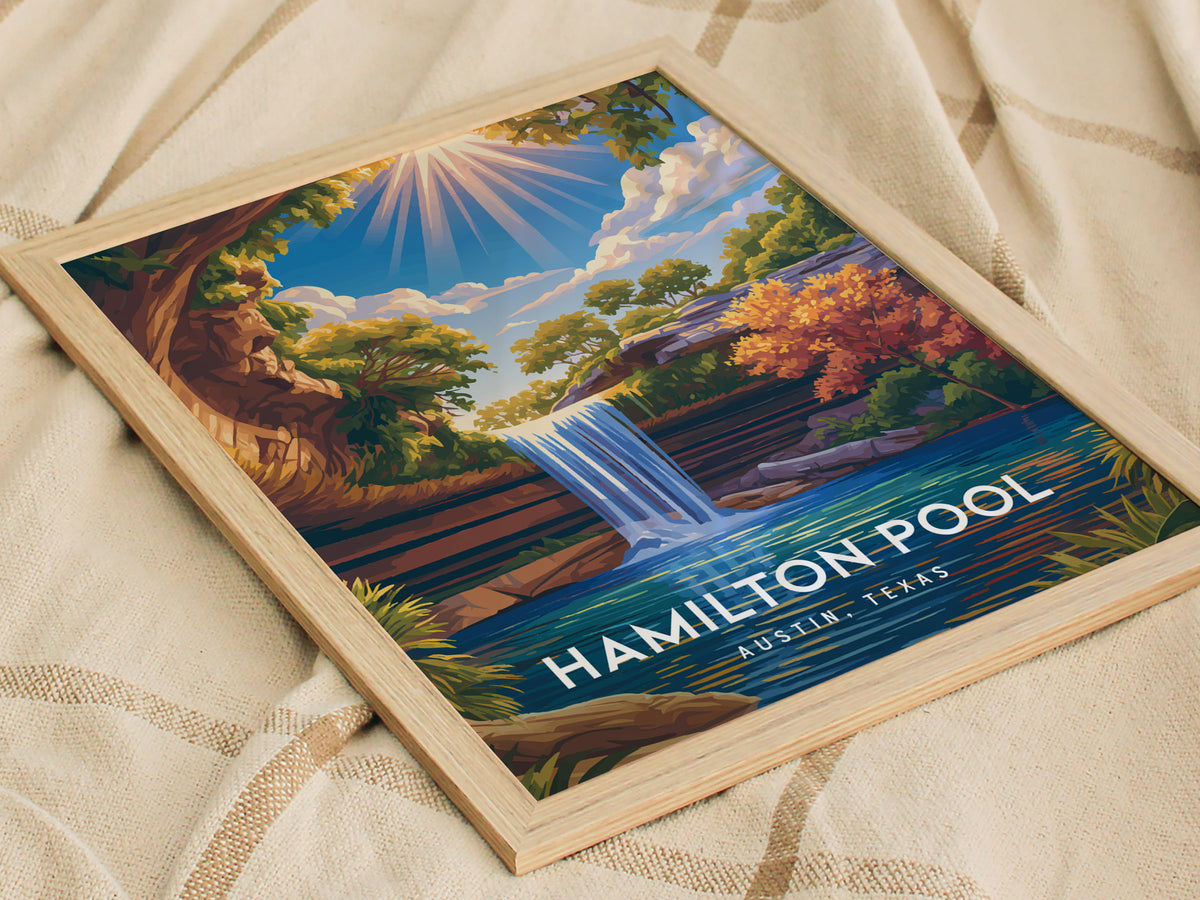 Hamilton Pool, Austin, Texas Poster | Natural Grotto & Waterfall Travel Wall Art — styled in a modern interior