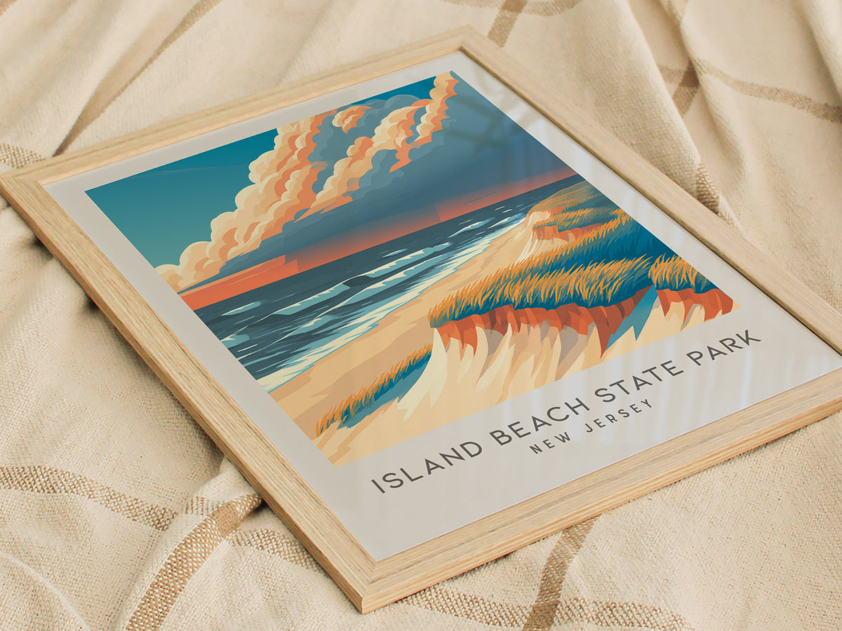 Island Beach State Park Matte Border Poster | New Jersey Beach House Decor Travel Wall Art — styled in a modern interior