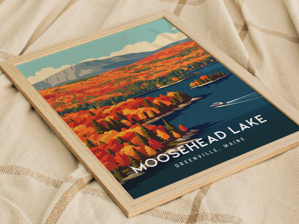 Moosehead Lake, Greenville, Maine Poster | Lakeside Wilderness Retreat Framed or Unframed Wall Art — styled in a modern inter