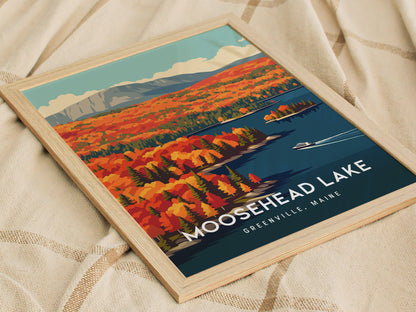 Moosehead Lake, Greenville, Maine Poster | Lakeside Wilderness Retreat Framed or Unframed Wall Art — styled in a modern inter