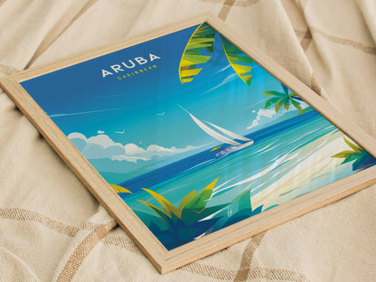 A framed poster featuring a vibrant illustration of Aruba with turquoise waters, a sailboat, and palm leaves, positioned on a textured beige fabric background.