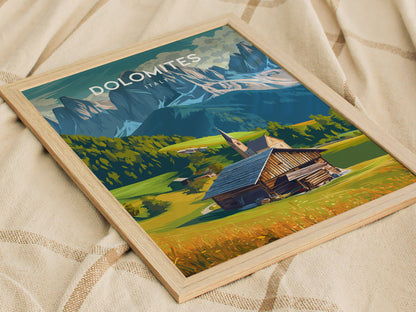 Dolomites, Italy Poster | Alpine Peaks & Meadow Travel Wall Art — styled in a modern interior