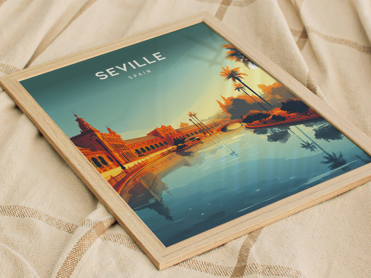 A framed poster of Seville, Spain, featuring a vibrant illustration of the citys iconic architecture reflected in a serene body of water. The scene is accented by palm trees and warm hues, capturing the charm of this beautiful location.