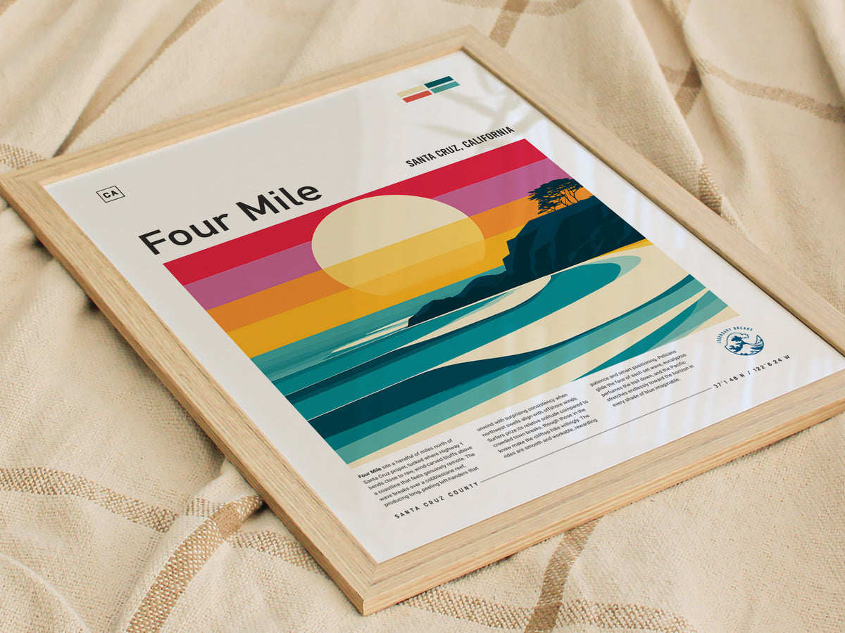 Four Mile, Santa Cruz, California Poster | Surf Wall Art & Beach House Decor — styled in a modern interior