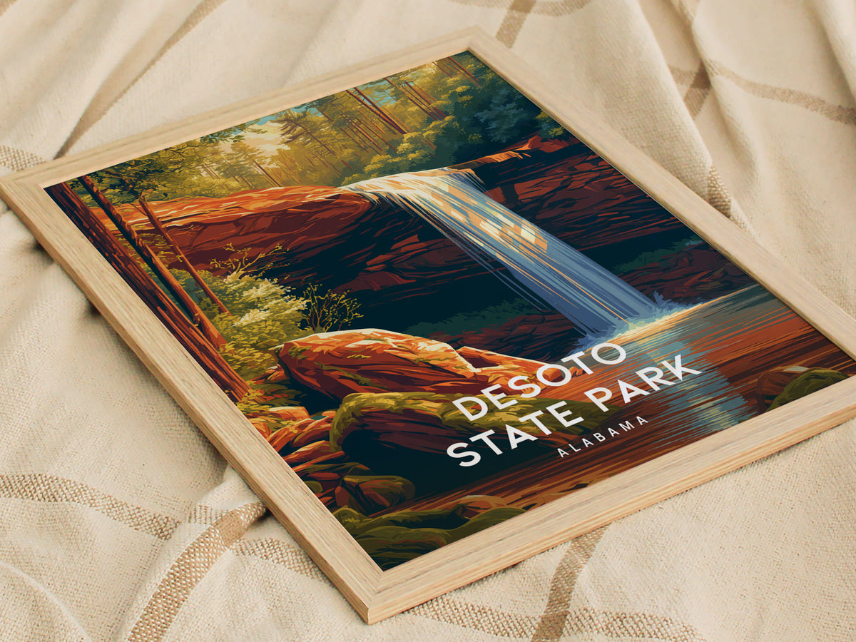 DeSoto State Park, Alabama Poster | Waterfalls & Woodland Trail Wall Art — styled in a modern interior
