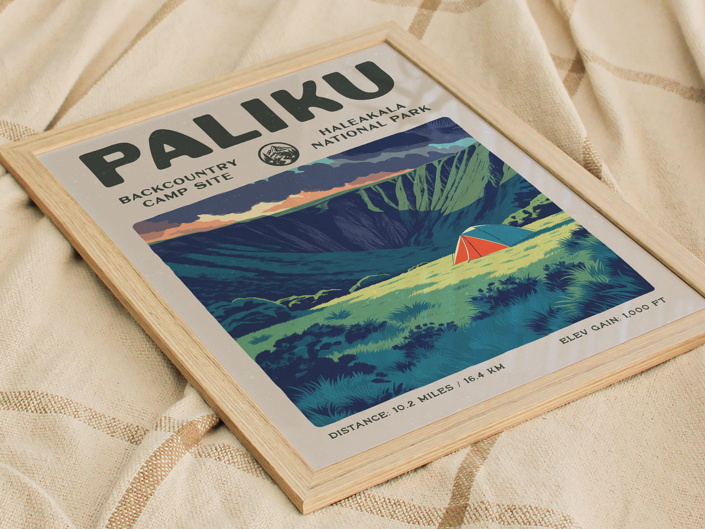 Paliku, Haleakala National Park Poster | Backpacker Gift | Misty Crater Wilderness Wall Art — styled in a modern interior