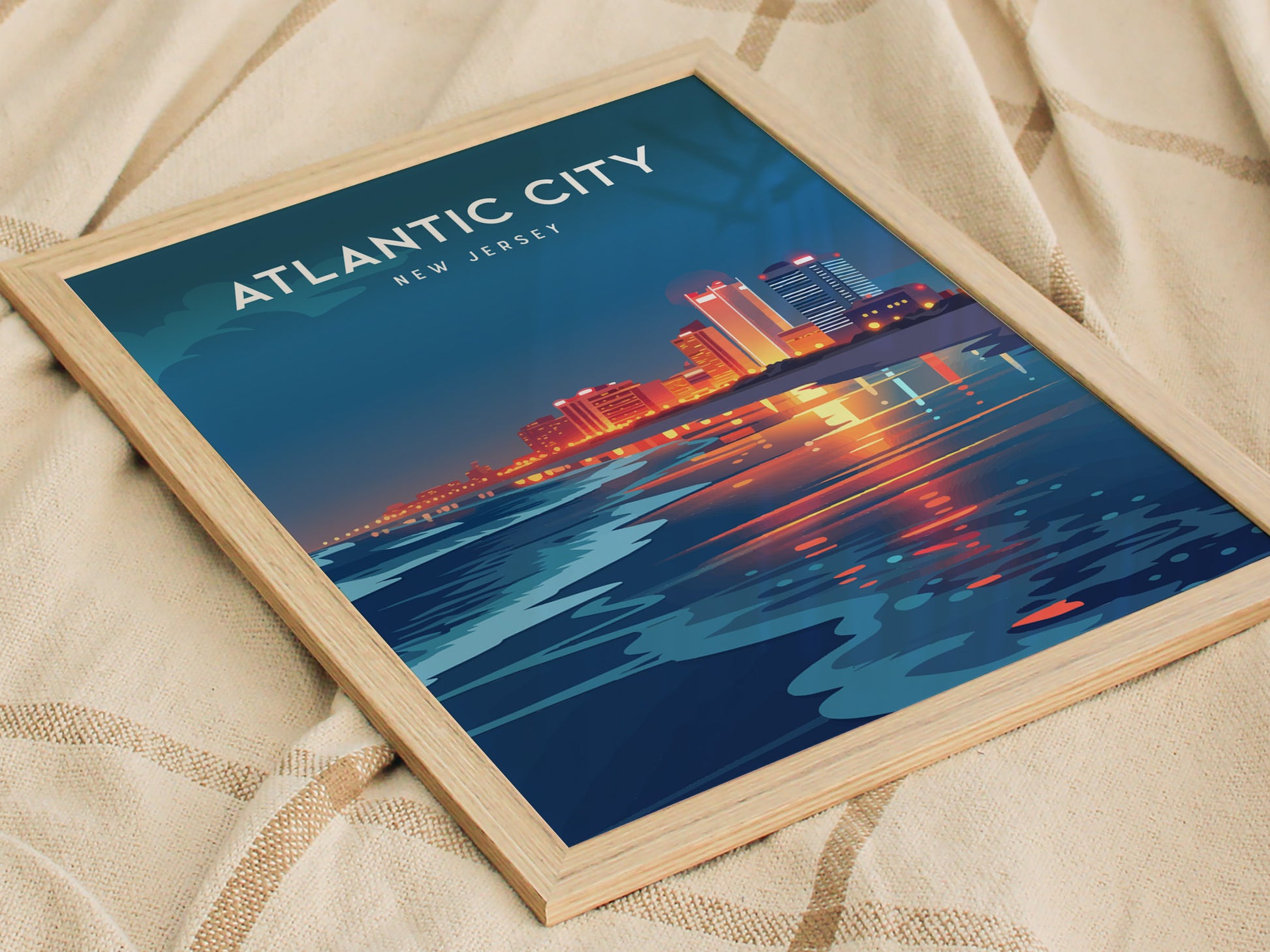 Atlantic City, New Jersey Poster | Boardwalk & Steel Pier Coastal Wall Art — styled in a modern interior