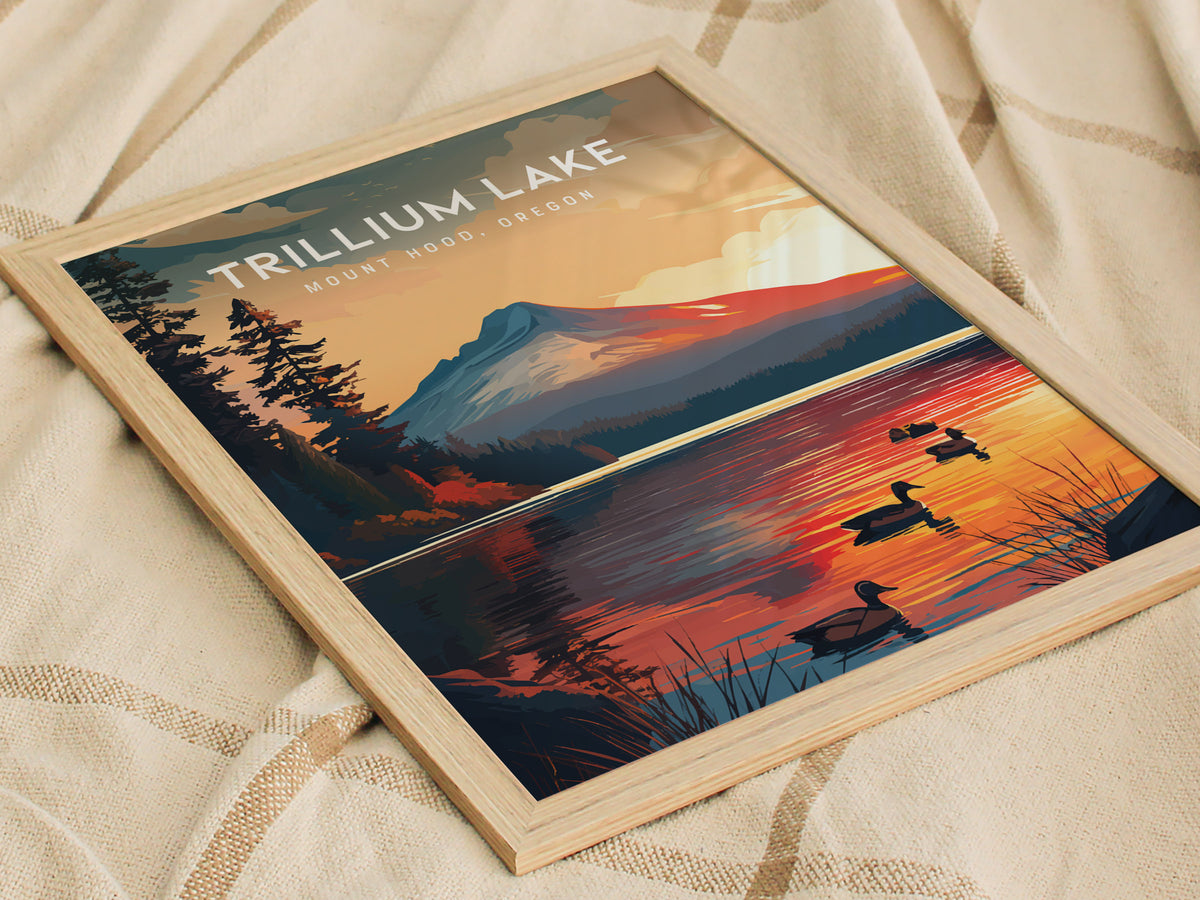 Trillium Lake, Mount Hood, Oregon Poster | Alpine Reflection Destination Print Wall Art — styled in a modern interior