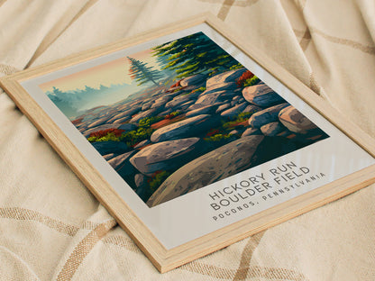 Hickory Run Boulder Field Matte Border Poster | Poconos, Pennsylvania Travel Wall Art — styled in a modern interior