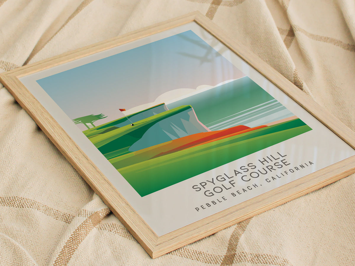 Spyglass Hill Golf Course Matte Border Poster | Pebble Beach, California Travel Wall Art — styled in a modern interior