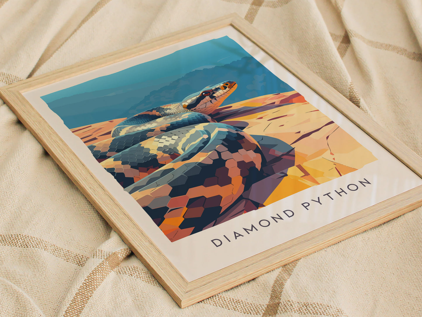 Diamond Python, Australia Poster | Serpent in the Sunlit Canopy Wall Art — styled in a modern interior