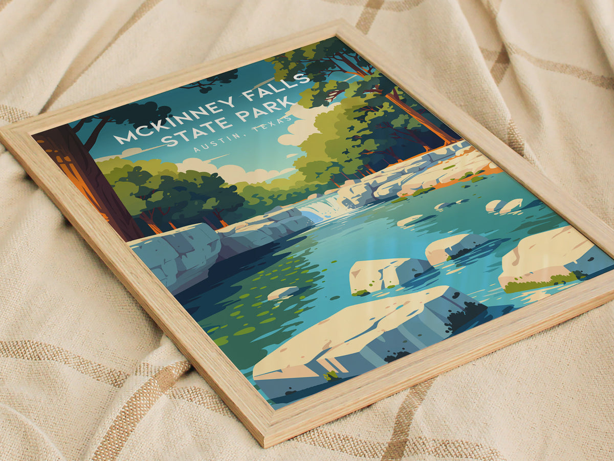 McKinney Falls State Park, Austin, Texas Poster | Waterfall & Creek Nature Wall Art — styled in a modern interior