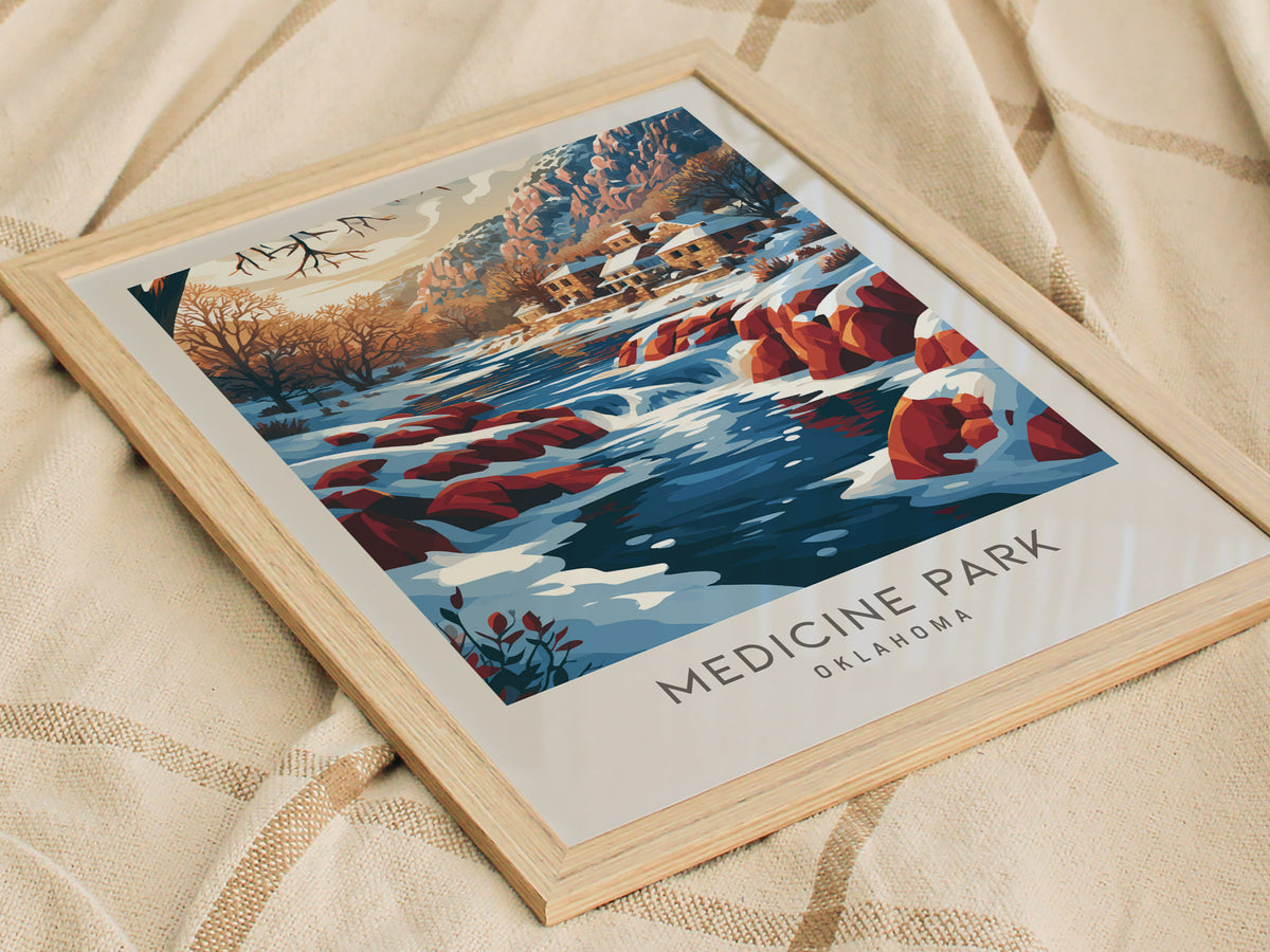 Medicine Park Matte Border Poster | Oklahoma Destination Print Travel Wall Art — styled in a modern interior