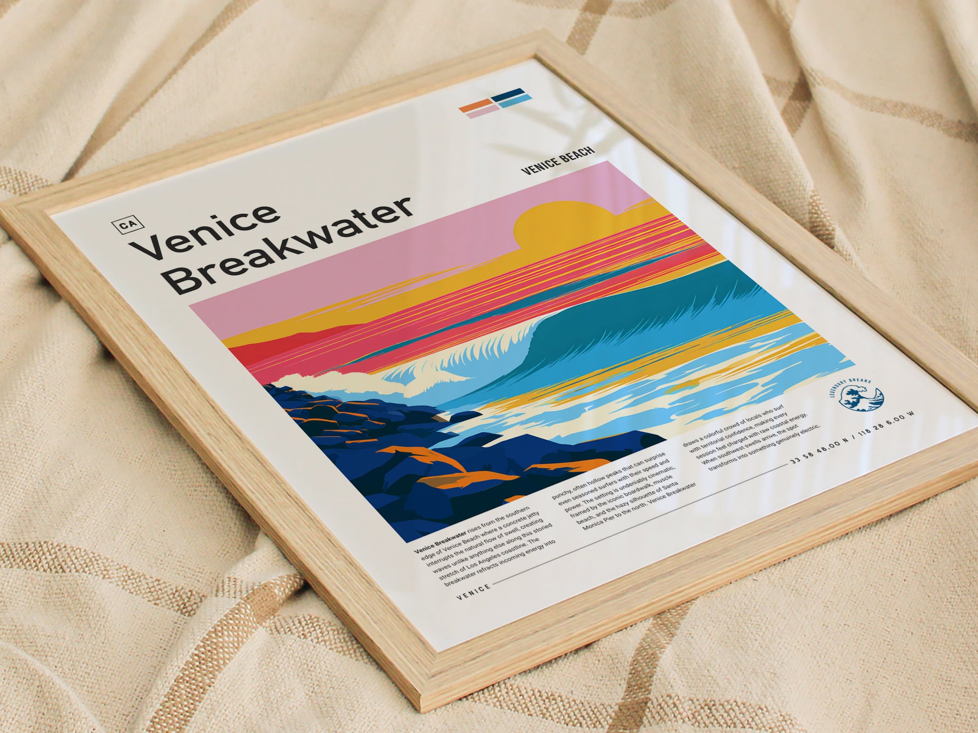 Venice Breakwater, California Poster | Surf & Stone Jetty Coastal Wall Art — styled in a modern interior