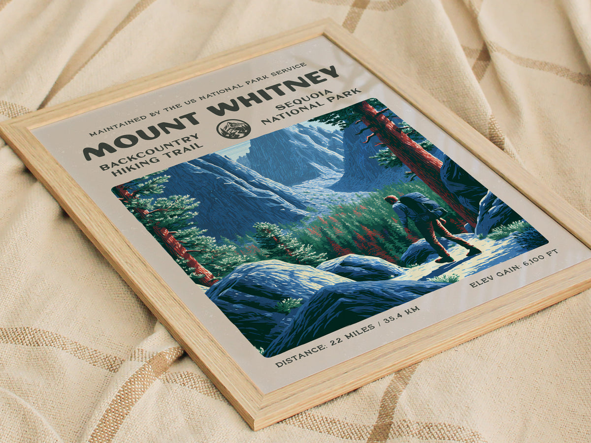 Mount Whitney, Sequoia National Park Poster | Hiker Gift | Backcountry Trail Wall Art — styled in a modern interior