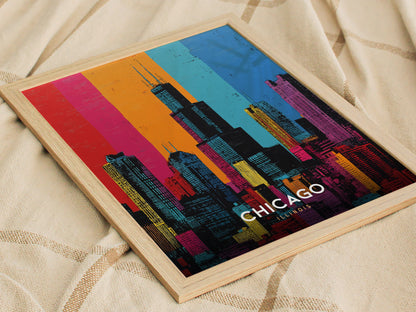 Chicago Skyline Pop Art Poster | Warhol Style Illinois Travel Print | Framed or Unframed