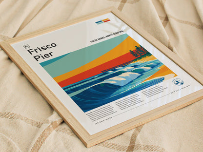 Frisco Pier, Outer Banks, North Carolina Poster | Surf Wall Art & Beach House Decor — styled in a modern interior