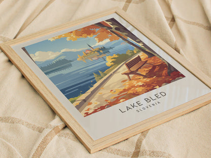Lake Bled Matte Border Poster | Slovenia Travel Wall Art — styled in a modern interior
